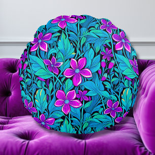 Pretty Purple and Teal Blue Floral Round Cushion