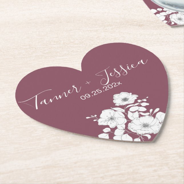Pretty Purple and White Floral Wedding Heart Paper Coaster (Angled)