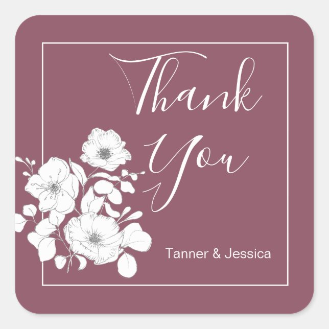 Pretty Purple and White Floral Wedding Thank You  Square Sticker (Front)