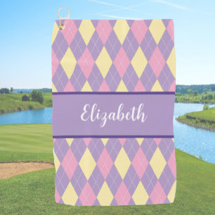 Pretty purple argyle name gift for golfer golf towel