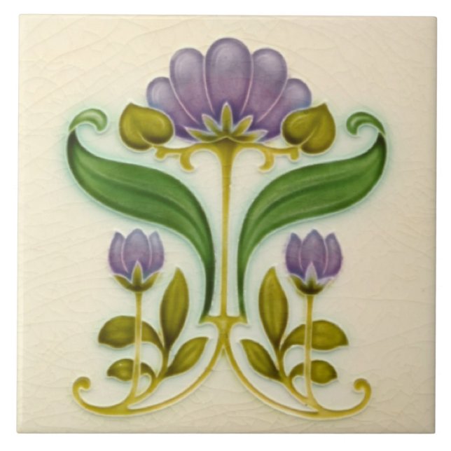 Pretty Purple Art Nouveau Floral c1900 Tile Design (Front)