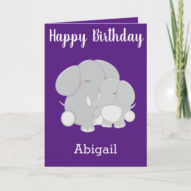 Pretty Purple Birthday Wishes for Girl Elephant Card (Front)