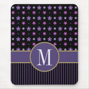 Pretty Purple Black Floral Striped Gold Monogram Mouse Pad