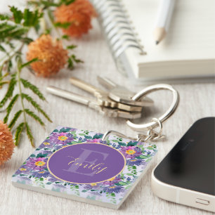 Pretty Purple Blue Florals Monogram  Key Ring