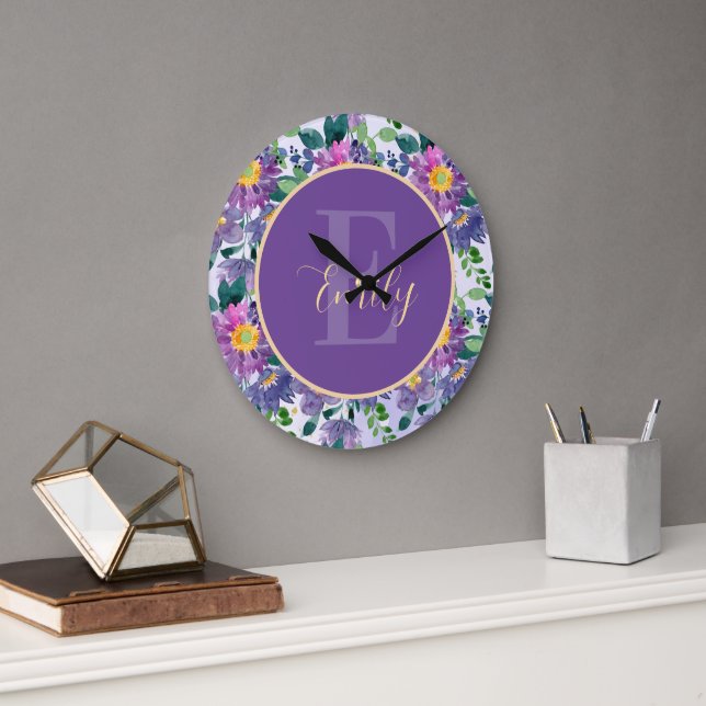 Pretty Purple Blue Florals Monogram  Large Clock (Office)