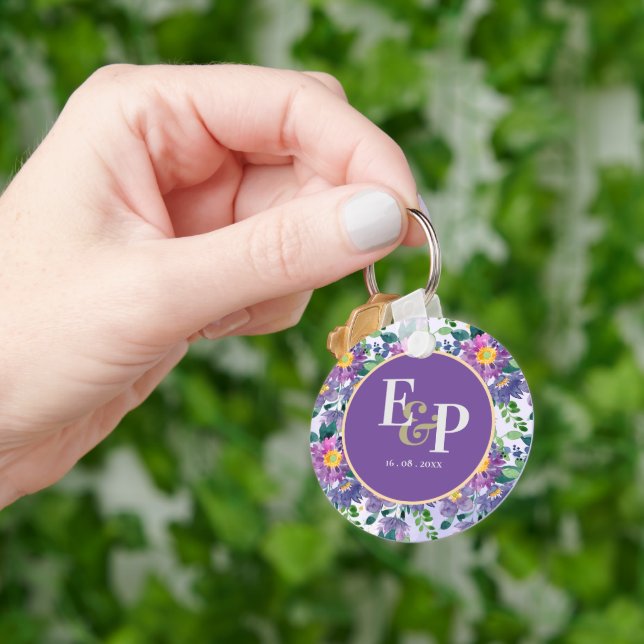 Pretty Purple Blue Florals Monogram Wedding Favour Key Ring (Hand)