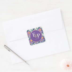 Pretty Purple Blue Florals Monogram Wedding  Square Sticker