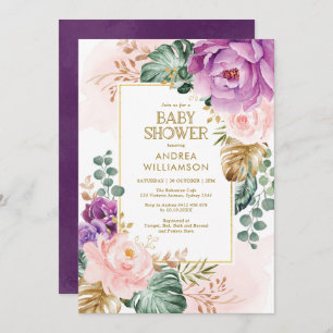 Pretty Purple Blush Tropical Boho Chic Baby Shower Invitation