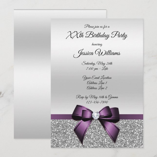 Pretty Purple Bow & Silver Glitters Birthday Invitation (Front/Back)