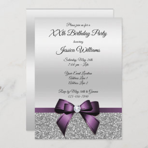 Pretty Purple Bow & Silver Glitters Birthday Invitation