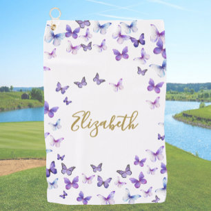 Pretty Purple Butterflies Custom Name Ladies Golf Towel