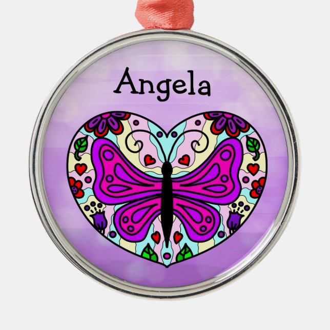 Pretty Purple Butterfly and Heart Mandala     Metal Ornament (Front)