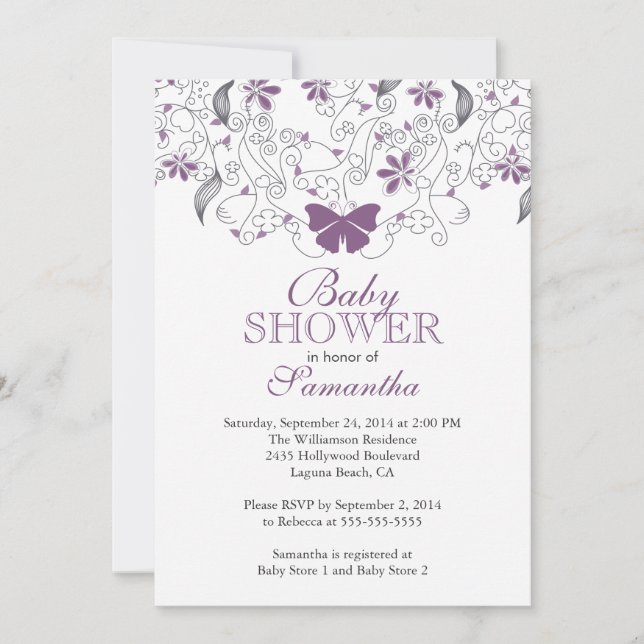 Pretty Purple Butterfly Baby Girl Baby Shower Invitation (Front)