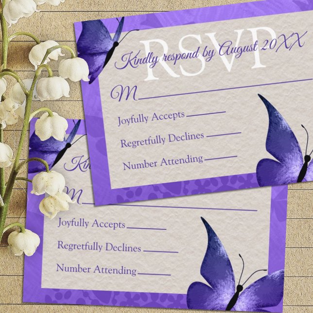 Pretty Purple Butterfly Quinceañera RSVP Card (purple quinceanera rsvp card with butterflies purple beige elegant script writing reply response)
