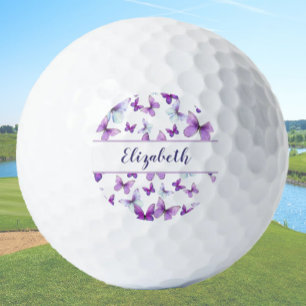 Pretty purple butterfly with custom name ladies golf balls
