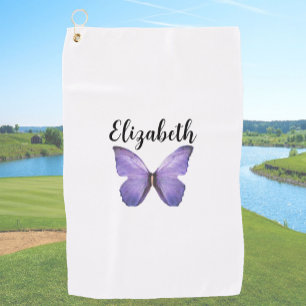 Pretty purple butterfly with custom name ladies golf towel