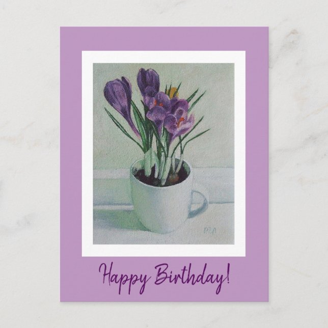 Pretty purple crocus flowers in a cup birthday art postcard (Front)