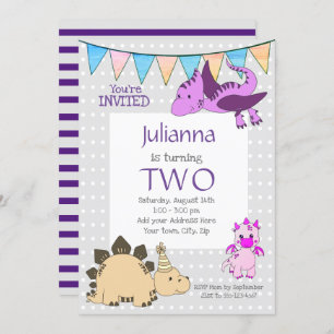 Pretty Purple Dinosaur Birthday Party Invitation