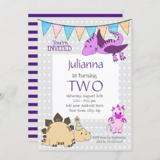 Pretty Purple Dinosaur Birthday Party Invitation