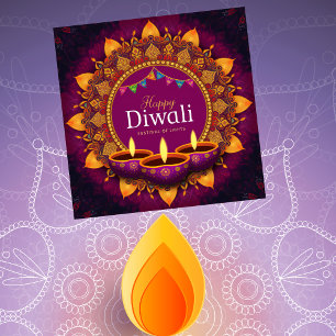Pretty Purple Diya Colourful Mandala Happy Diwali Holiday Card