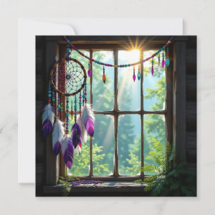 Pretty Purple Dreamcatcher in Window   Holiday Card
