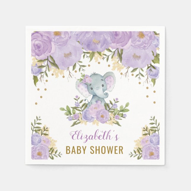 Pretty Purple Elephant Baby Girl Watercolor Floral Napkin (Front)