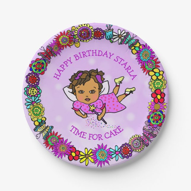 Pretty Purple Fairy and Flower Border Birthday Paper Plate (Front)