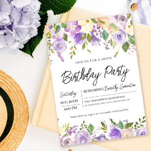 Pretty Purple Floral 100th Birthday Party Invitation