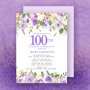 Pretty Purple Floral 100th Birthday Party Invitation