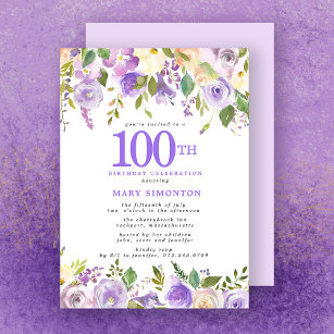 Pretty Purple Floral 100th Birthday Party Invitation