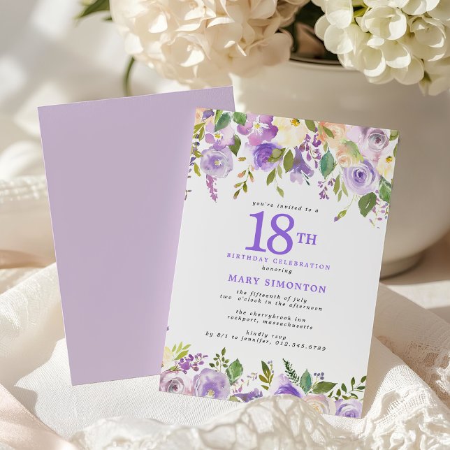 Pretty Purple Floral 18th Birthday Party Invitation (Creator Uploaded)