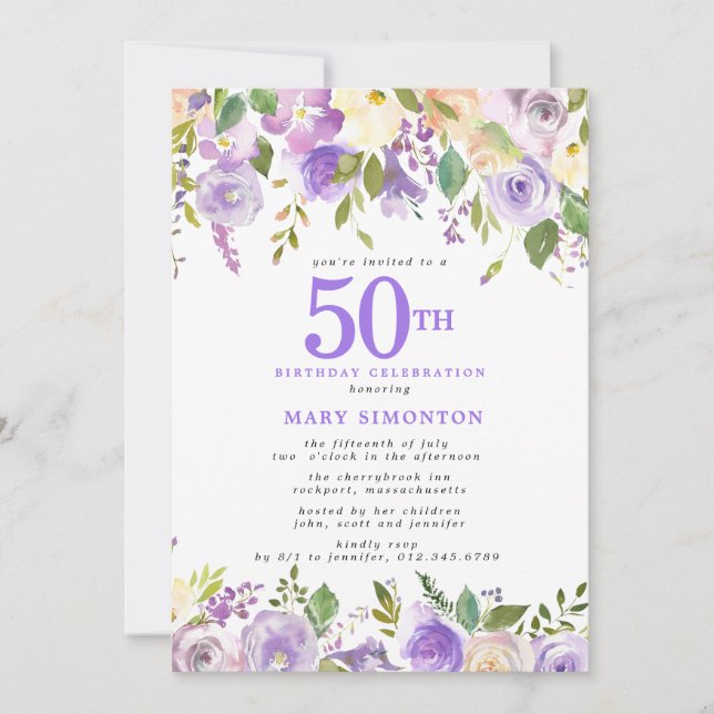 Pretty Purple Floral 50th Birthday Party Invitation (Front)