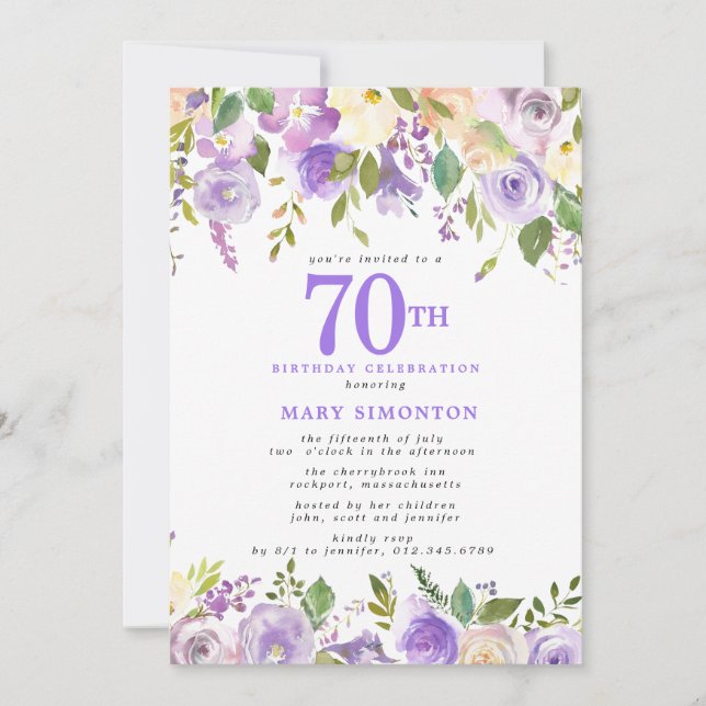 Pretty Purple Floral 70th Birthday Party Invitation (Front)