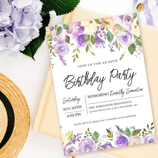 Pretty Purple Floral 80th Birthday Party Invitation (Matching party supplies and signs available. Message me for help to find them.)