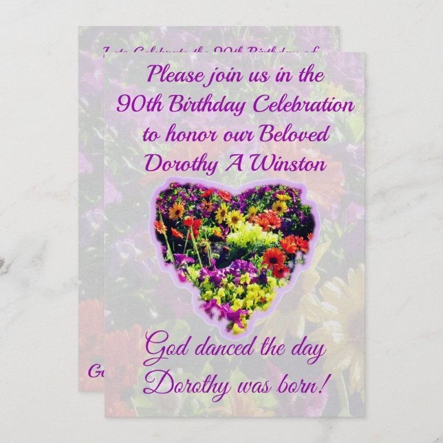 PRETTY PURPLE FLORAL 90TH BIRTHDAY INVITATION (Front/Back)