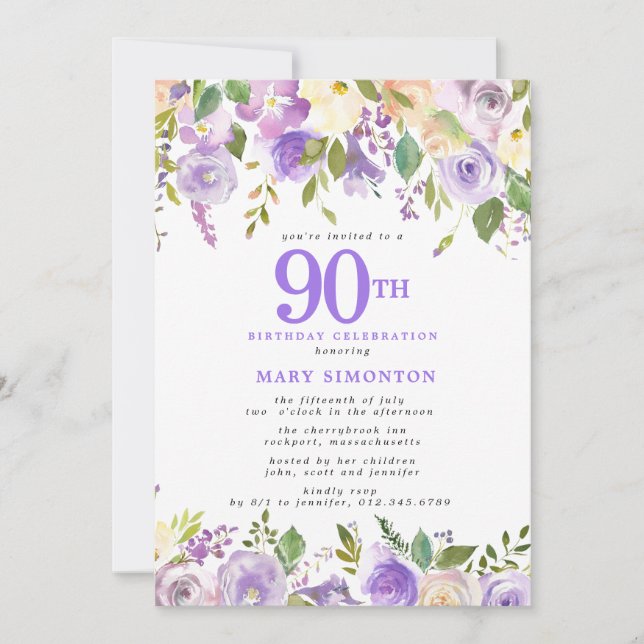 Pretty Purple Floral 90th Birthday Party Invitation (Front)