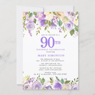 Pretty Purple Floral 90th Birthday Party Invitation