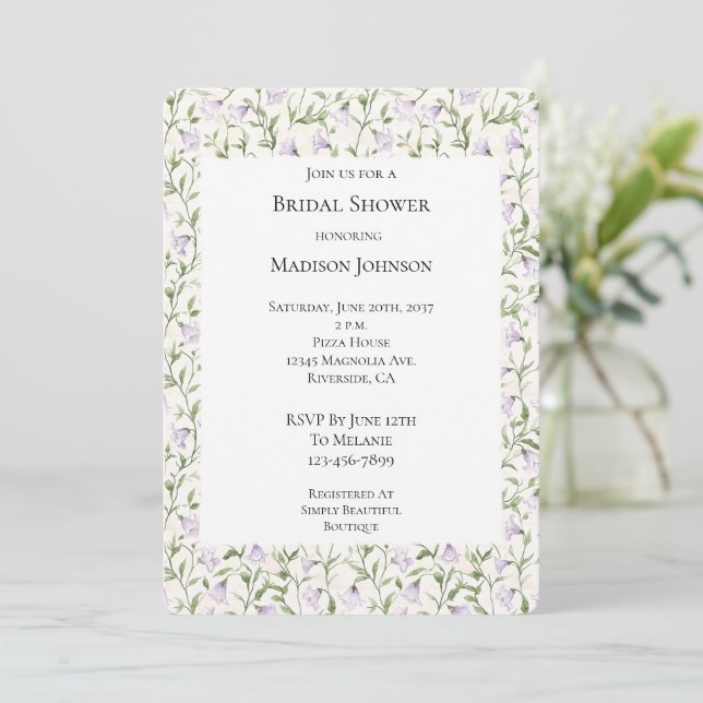 Pretty Purple Floral Bridal Shower Invitation (Standing Front)