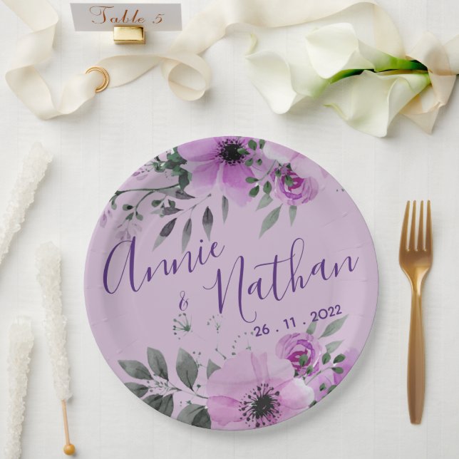 Pretty Purple Floral Cute Romantic Wedding Party Paper Plate (Wedding)