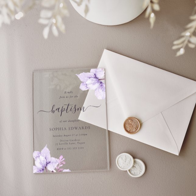 Pretty Purple Floral Girls Baptism Acrylic Invitations (Creator Uploaded)