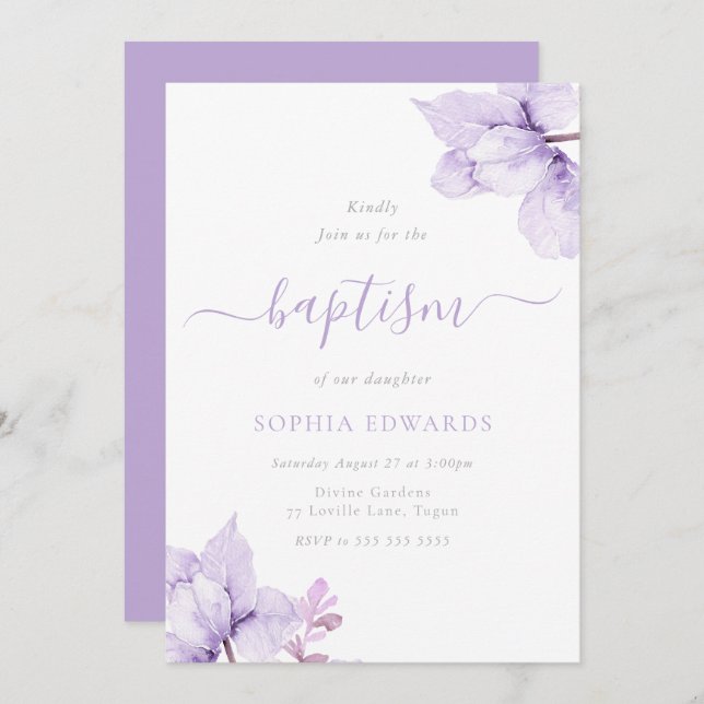 Pretty Purple Floral Girls Baptism Invitation (Front/Back)