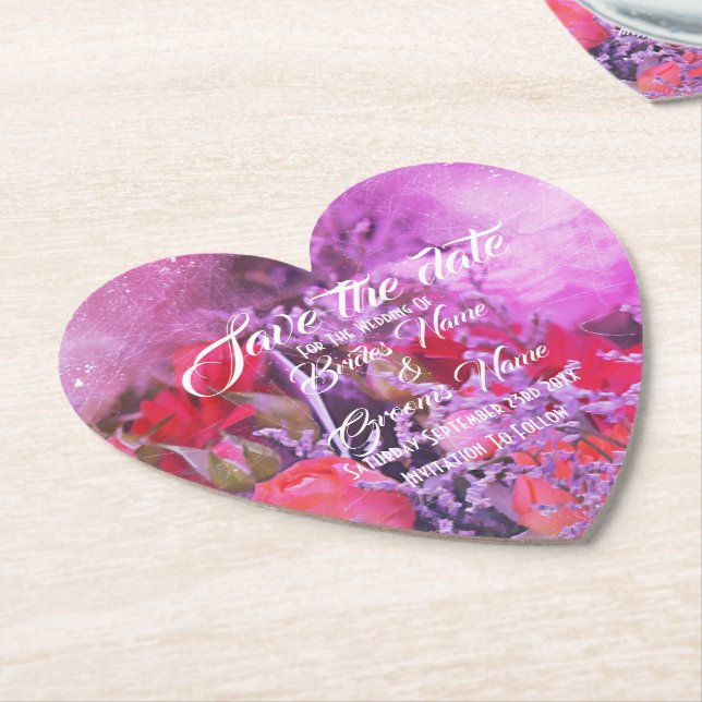 Pretty purple floral modern save the date paper coaster (Angled)