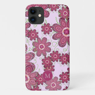 Pretty Purple Floral Pattern Monogrammed iPhone 11 Case