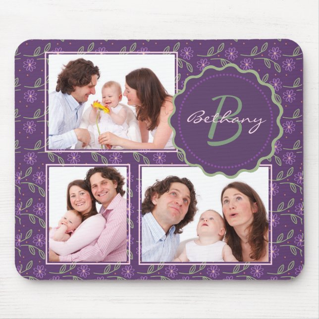 Pretty Purple Floral Photo Collage Personalised Mouse Pad (Front)