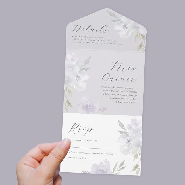 Pretty Purple Floral Quinceanera 15 Years All In One Invitation (Pretty purple all in one quinceanera invitation includes a perforated rsvp return card.)