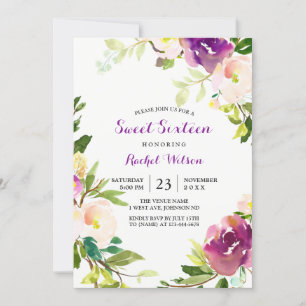 Pretty Purple Floral Sweet 16 Invitation