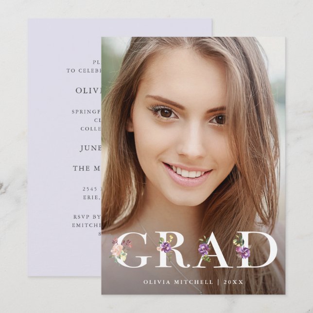 Pretty Purple Floral Text | Photo Grad Party Invitation (Front/Back)