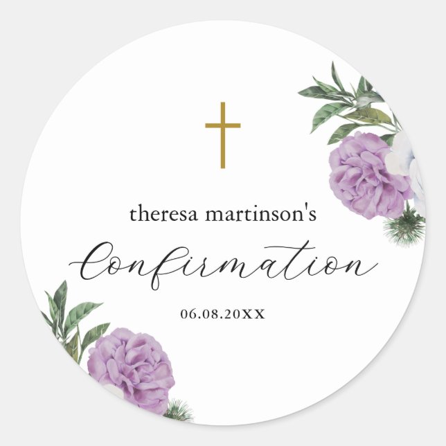 Pretty Purple Floral with Cross Confirmation Classic Round Sticker (Front)
