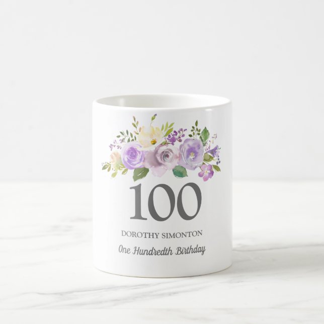 Pretty Purple Floral Womans 100th Birthday Gift Coffee Mug (Center)