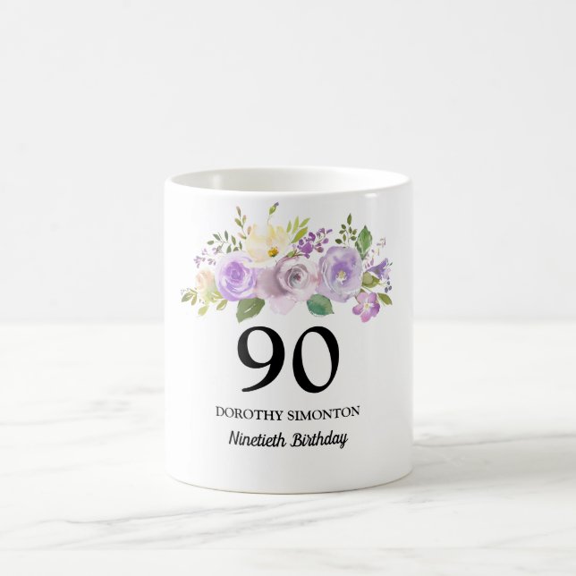 Pretty Purple Floral Womans 90th Birthday Gift Coffee Mug (Center)